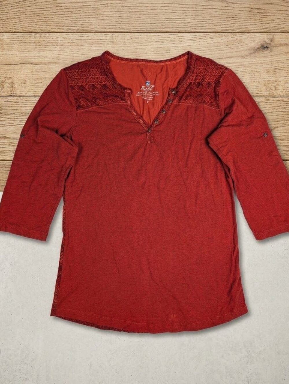 KUHL Womens S Red Long Sleeve Henley Shirt Granola Girl Western Outdoors Boho
